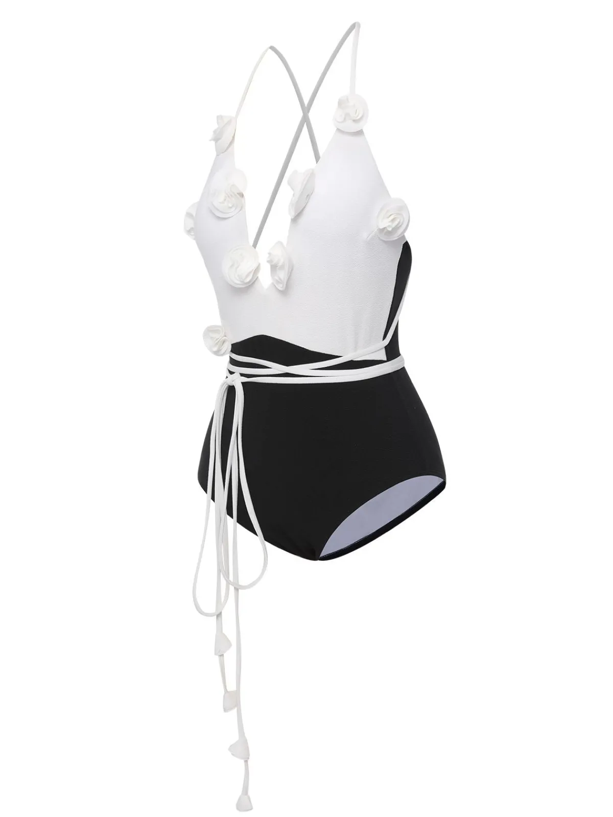 Outlet Retro Stage 1950s 3D Flowers Lace-Up Swimsuit Black & White