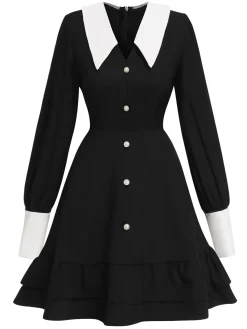 Online Retro Stage & White 1960s Doll Collar Skater Dress Black