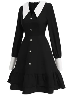 Online Retro Stage & White 1960s Doll Collar Skater Dress Black