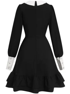 Online Retro Stage & White 1960s Doll Collar Skater Dress Black