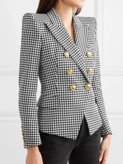Fashion Retro Stage & White 1950s Double Breasted Houndstooth Blazer Black
