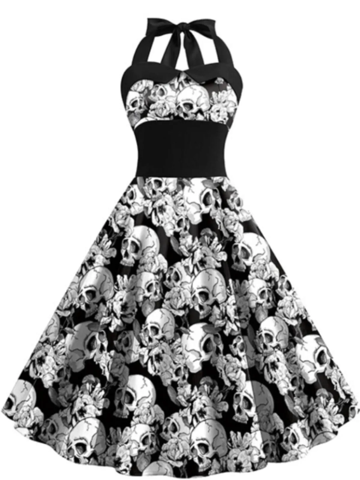 Discount Retro Stage 1950s Halloween Skull Halter Dress Black & White