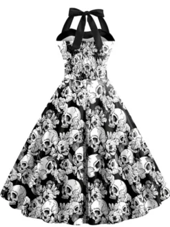 Discount Retro Stage 1950s Halloween Skull Halter Dress Black & White