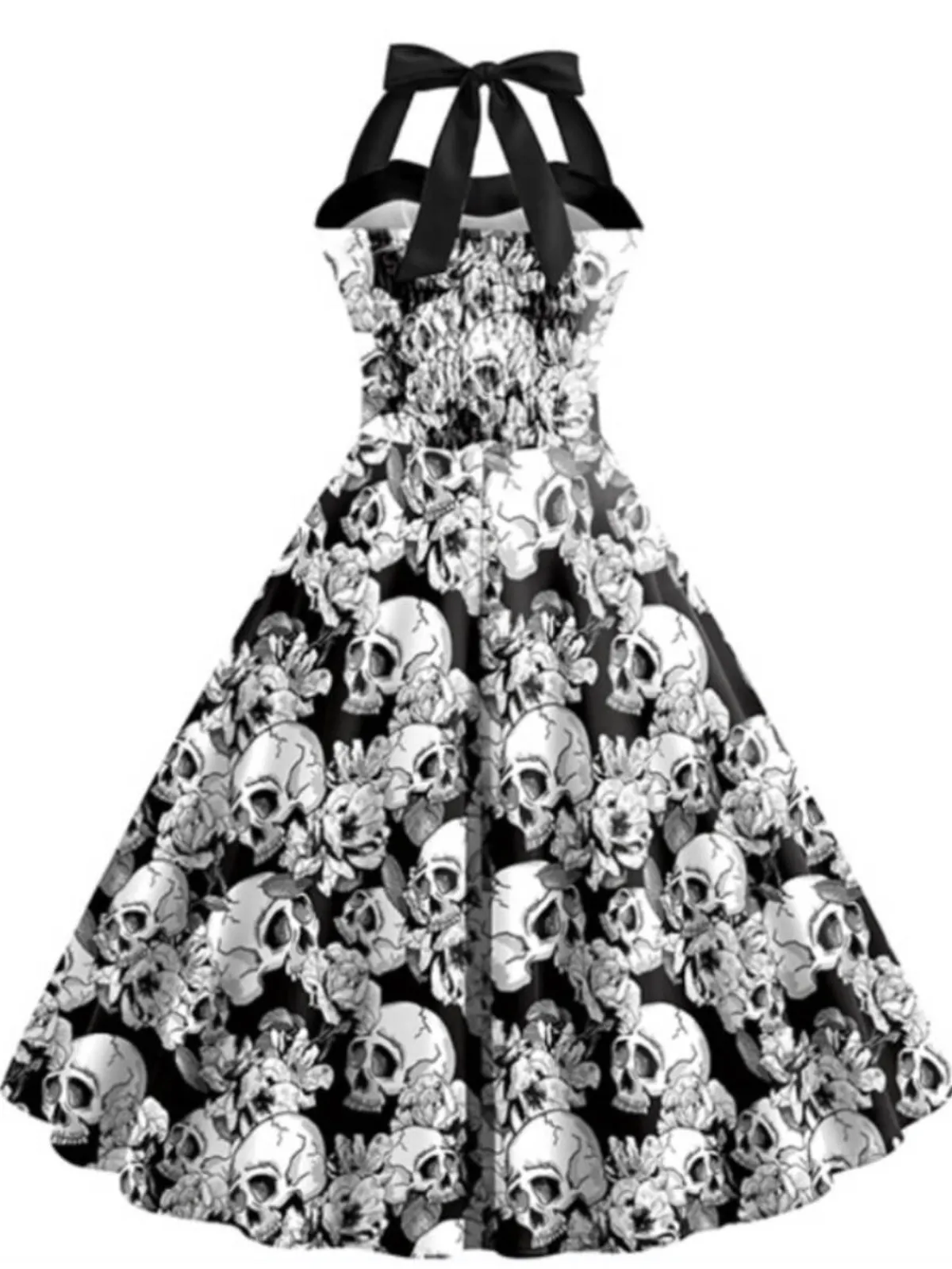 Discount Retro Stage 1950s Halloween Skull Halter Dress Black & White