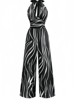 Online Retro Stage & White 1930s Irregular Print Halter Jumpsuit Black