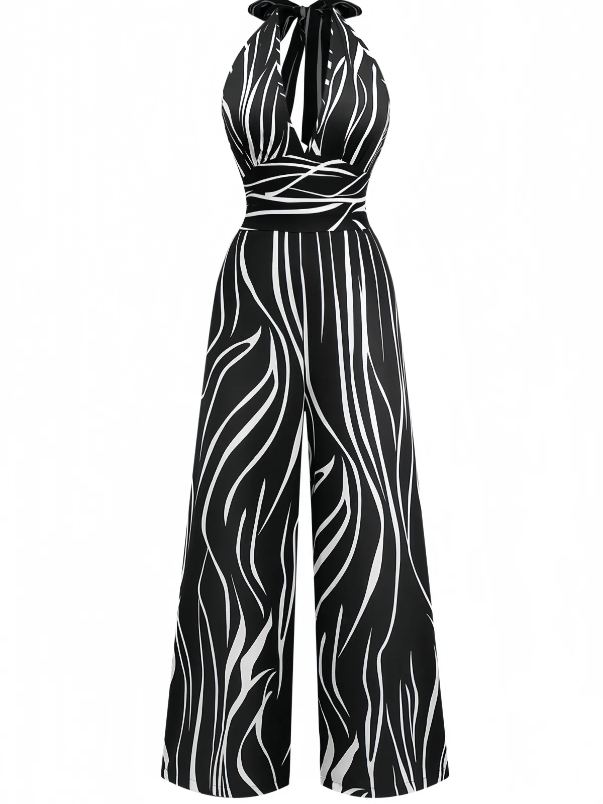 Online Retro Stage & White 1930s Irregular Print Halter Jumpsuit Black