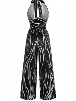 Online Retro Stage & White 1930s Irregular Print Halter Jumpsuit Black