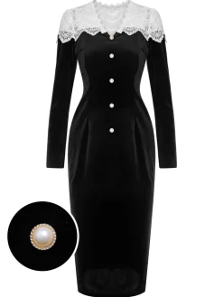 Best Retro Stage & White 1960s Lapel Patchwork Velvet Dress Black