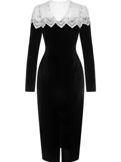 Best Retro Stage & White 1960s Lapel Patchwork Velvet Dress Black