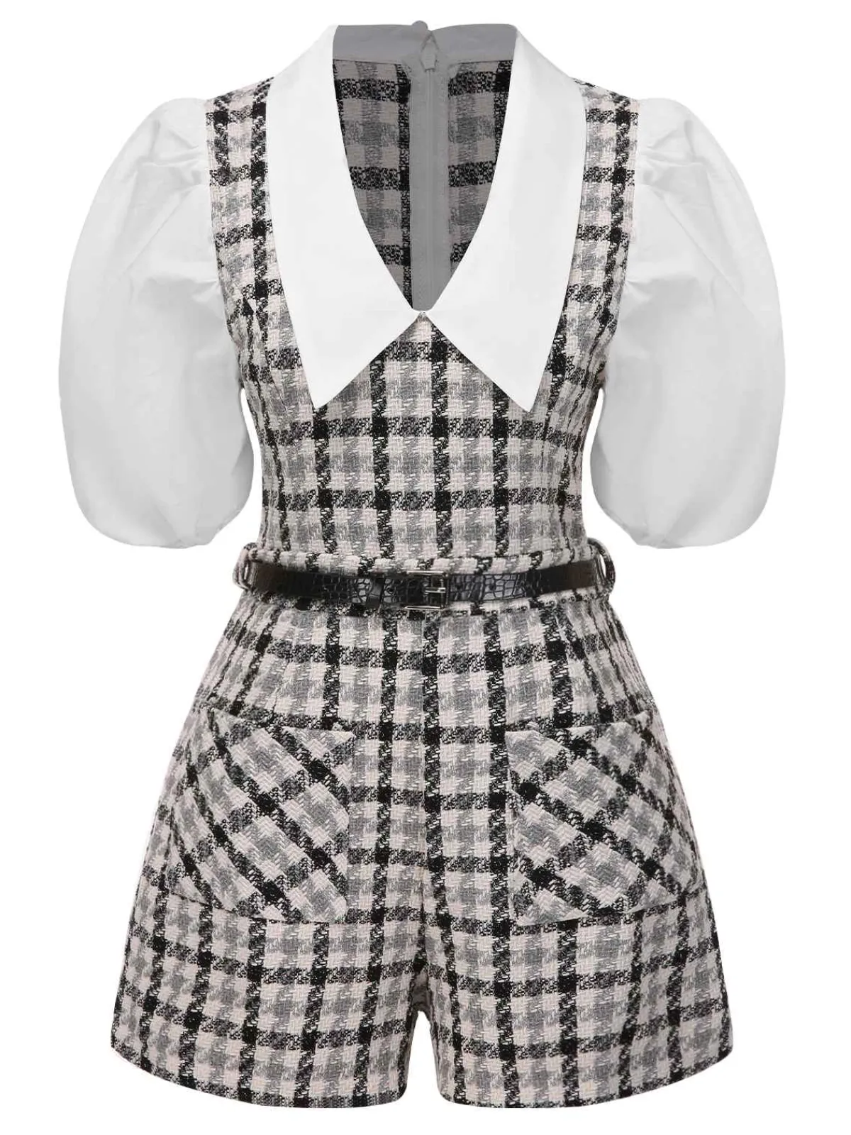 Clearance Retro Stage 1970s Lapel Plaid Belted Romper Black & White