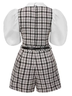 Clearance Retro Stage 1970s Lapel Plaid Belted Romper Black & White