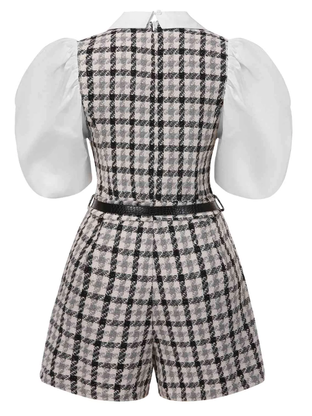 Clearance Retro Stage 1970s Lapel Plaid Belted Romper Black & White