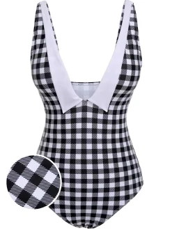Discount Retro Stage & White 1950s Plaid One-Piece Swimsuit Black