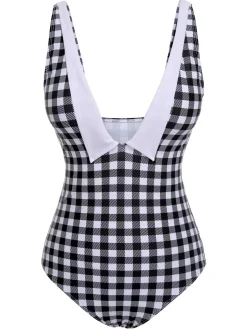 Discount Retro Stage & White 1950s Plaid One-Piece Swimsuit Black
