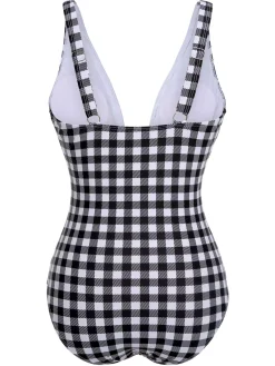 Discount Retro Stage & White 1950s Plaid One-Piece Swimsuit Black