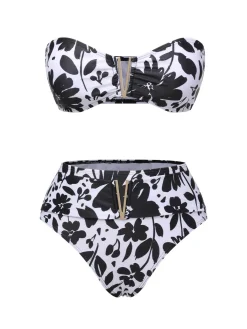 Hot Retro Stage & White 1950s Plants Silhouette Bandeau Bikini Black