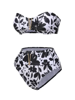 Hot Retro Stage & White 1950s Plants Silhouette Bandeau Bikini Black