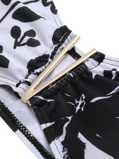 Hot Retro Stage & White 1950s Plants Silhouette Bandeau Bikini Black