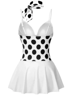 Outlet Retro Stage 1940s Polka Dots Patchwork Swimsdress Black & White