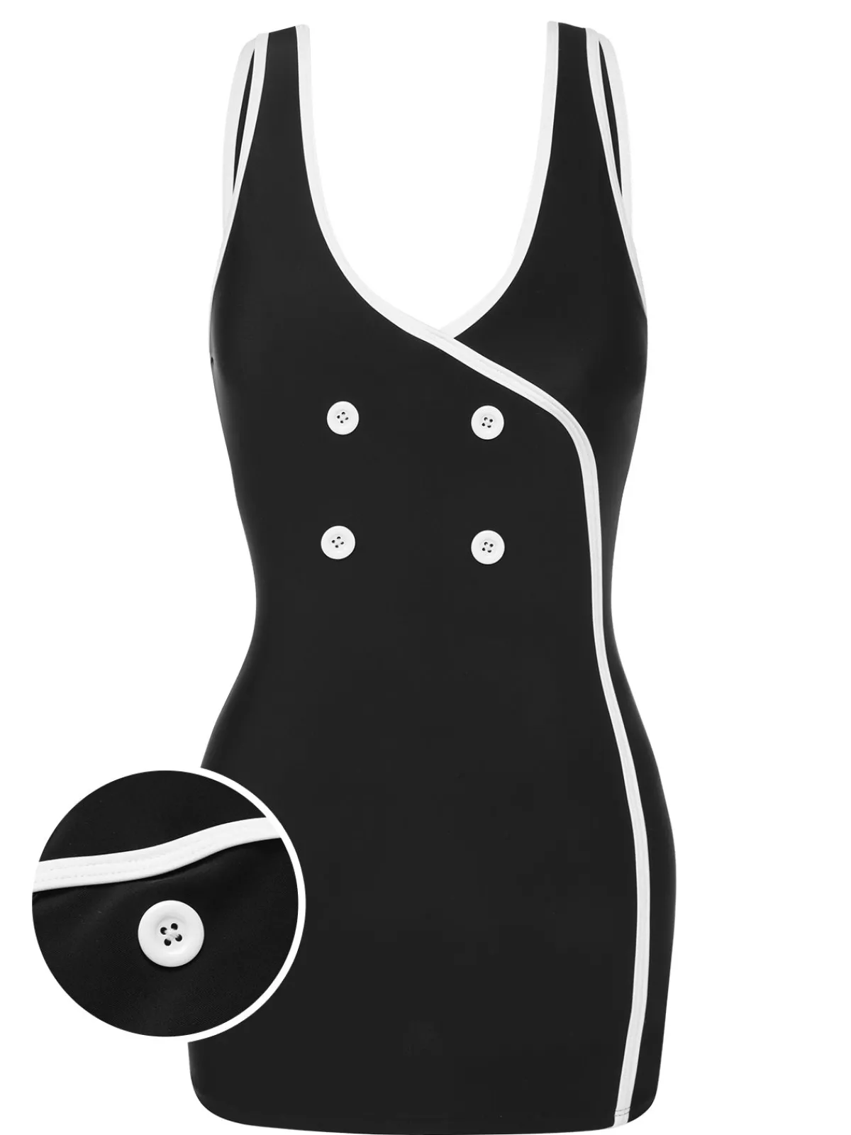 Online Retro Stage 1960s Solid Contrast Binding Swimsuit Black & White