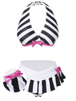 Sale Retro Stage 1950s Stripe Bow Halter Bikini Black & White