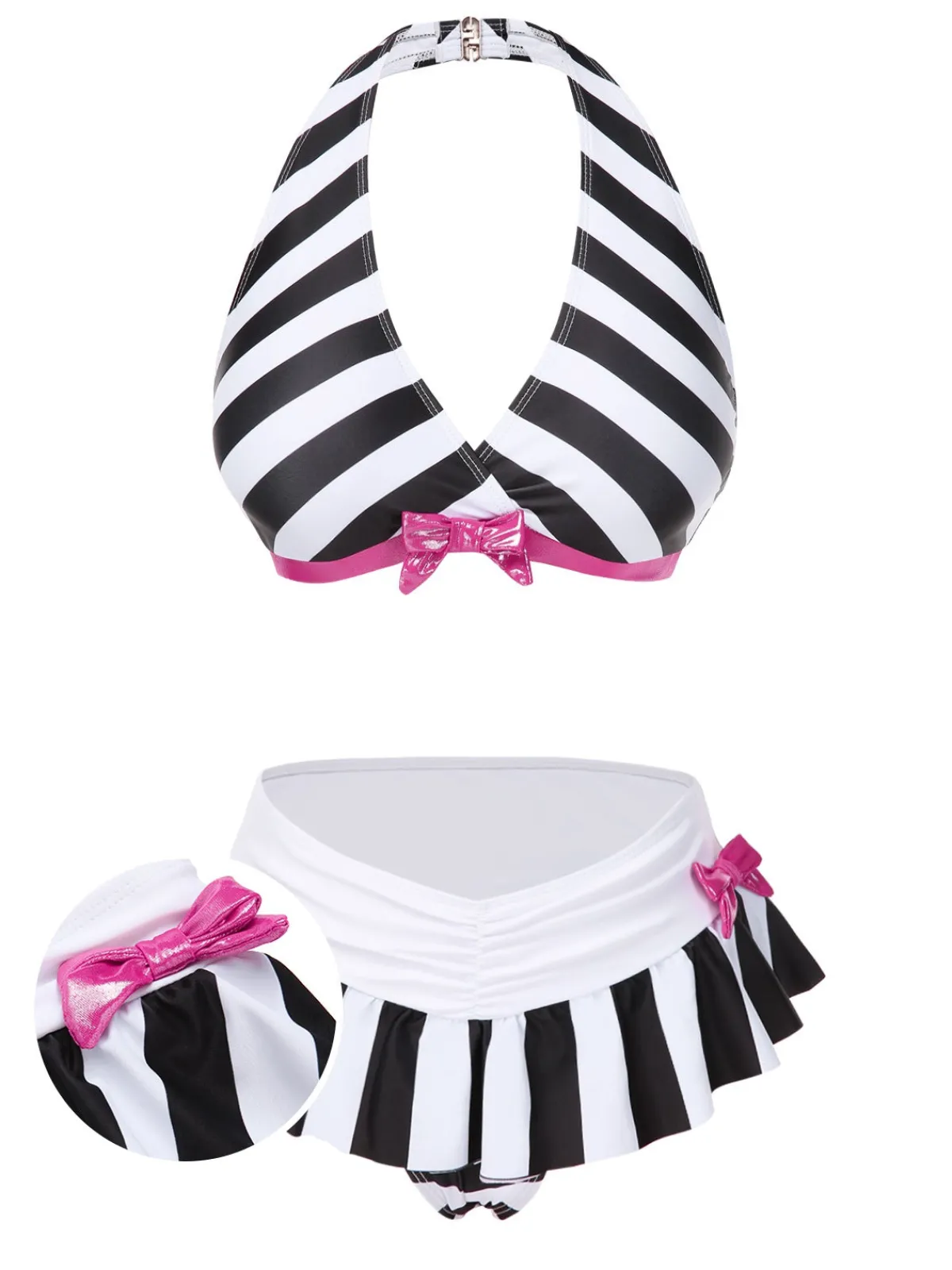 Sale Retro Stage 1950s Stripe Bow Halter Bikini Black & White