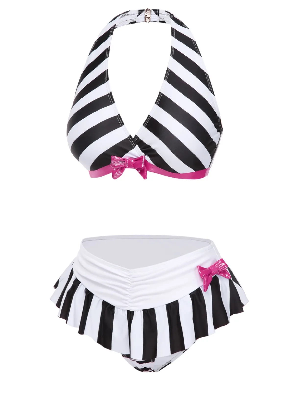 Sale Retro Stage 1950s Stripe Bow Halter Bikini Black & White