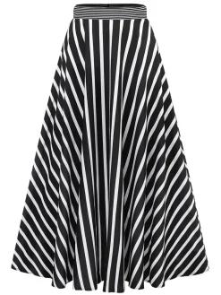New Retro Stage 1930s Striped High Rise Long Skirt Black & White