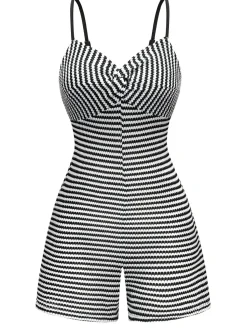 Hot Retro Stage & White 1930s Striped Twist Romper Black