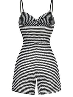 Hot Retro Stage & White 1930s Striped Twist Romper Black