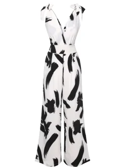 Sale Retro Stage 1940s V-Neck Bohemian Jumpsuit Black & White