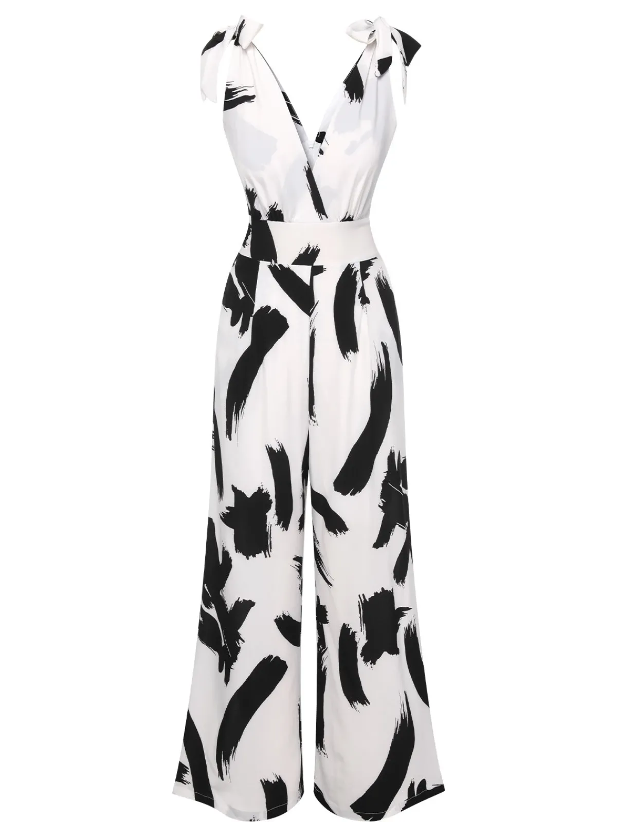 Sale Retro Stage 1940s V-Neck Bohemian Jumpsuit Black & White
