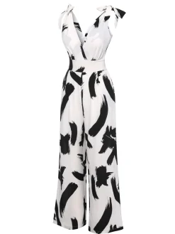 Sale Retro Stage 1940s V-Neck Bohemian Jumpsuit Black & White
