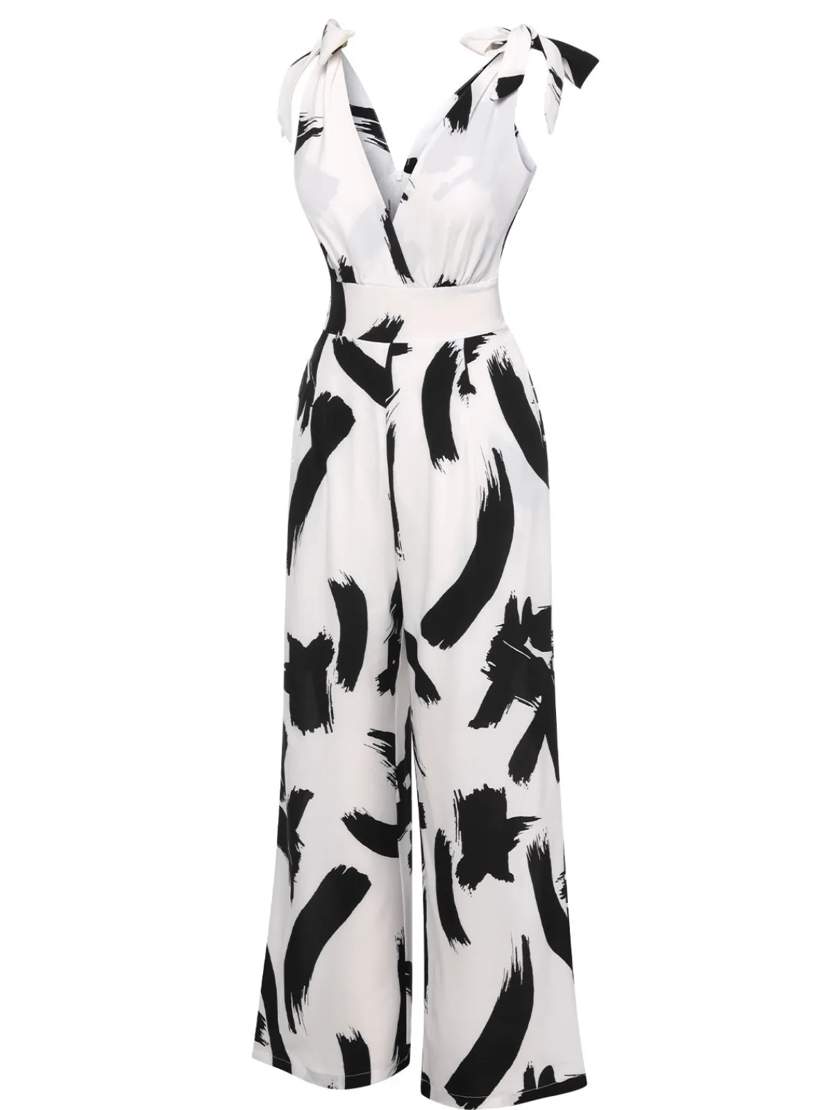 Sale Retro Stage 1940s V-Neck Bohemian Jumpsuit Black & White