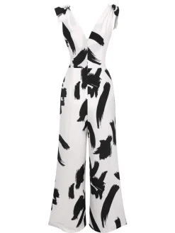 Sale Retro Stage 1940s V-Neck Bohemian Jumpsuit Black & White