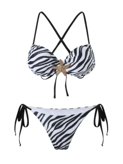 Outlet Retro Stage 1950s Zebra Stripes Starfish Bikini Set Black & White