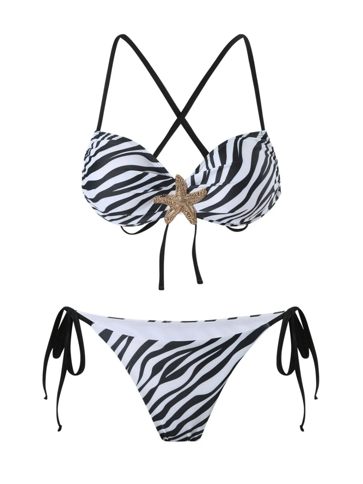 Outlet Retro Stage 1950s Zebra Stripes Starfish Bikini Set Black & White