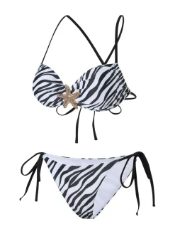 Outlet Retro Stage 1950s Zebra Stripes Starfish Bikini Set Black & White