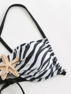 Outlet Retro Stage 1950s Zebra Stripes Starfish Bikini Set Black & White