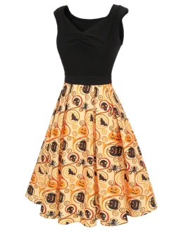 Clearance Retro Stage 1950s Pumpkin Bat Spider Dress Black & Yellow