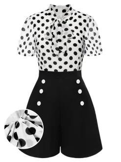 Discount Retro Stage And White 1950s Polka Dot Collared Romper Black