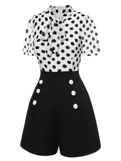 Discount Retro Stage And White 1950s Polka Dot Collared Romper Black