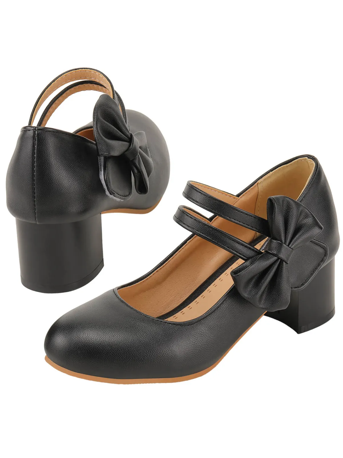 Clearance Retro Stage Bow Mary Jane Chunky Heel Shoes Black