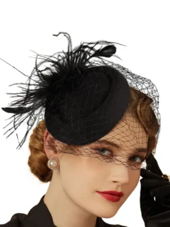 Clearance Retro Stage Black Faux Feather Fascinator Hat With Veil