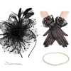 Outlet Retro Stage Black Feather Fascinator Hat With Veil & Necklace & Gloves