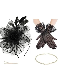 Outlet Retro Stage Black Feather Fascinator Hat With Veil & Necklace & Gloves