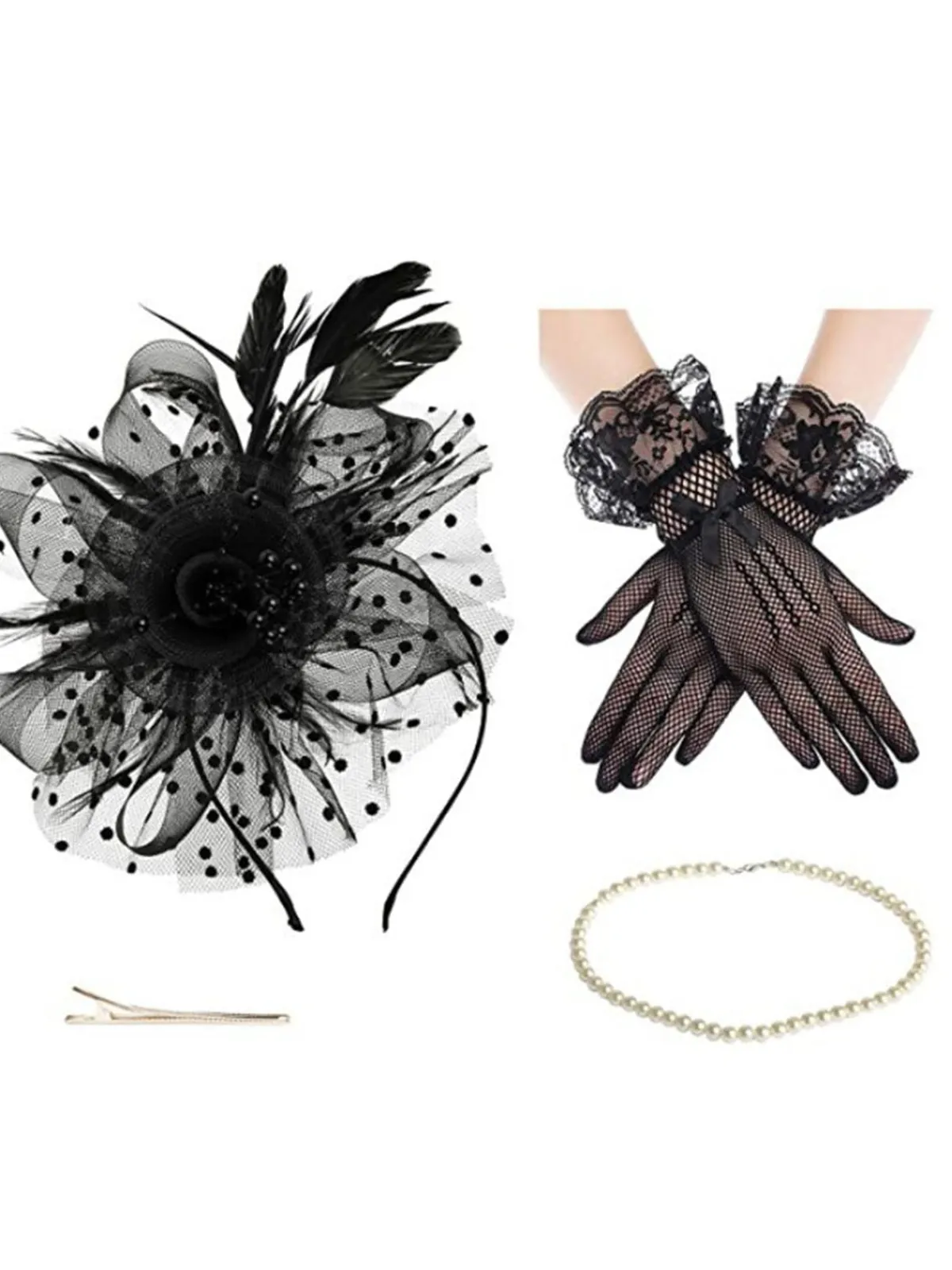 Outlet Retro Stage Black Feather Fascinator Hat With Veil & Necklace & Gloves