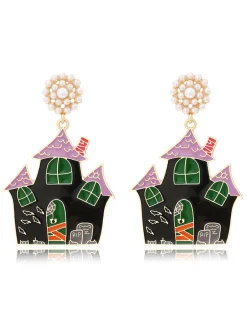 Outlet Retro Stage Black Halloween Cartoon Haunted House Earrings