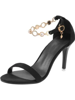Online Retro Stage Pearl Chain Metal Point Toe Cone Heels Black