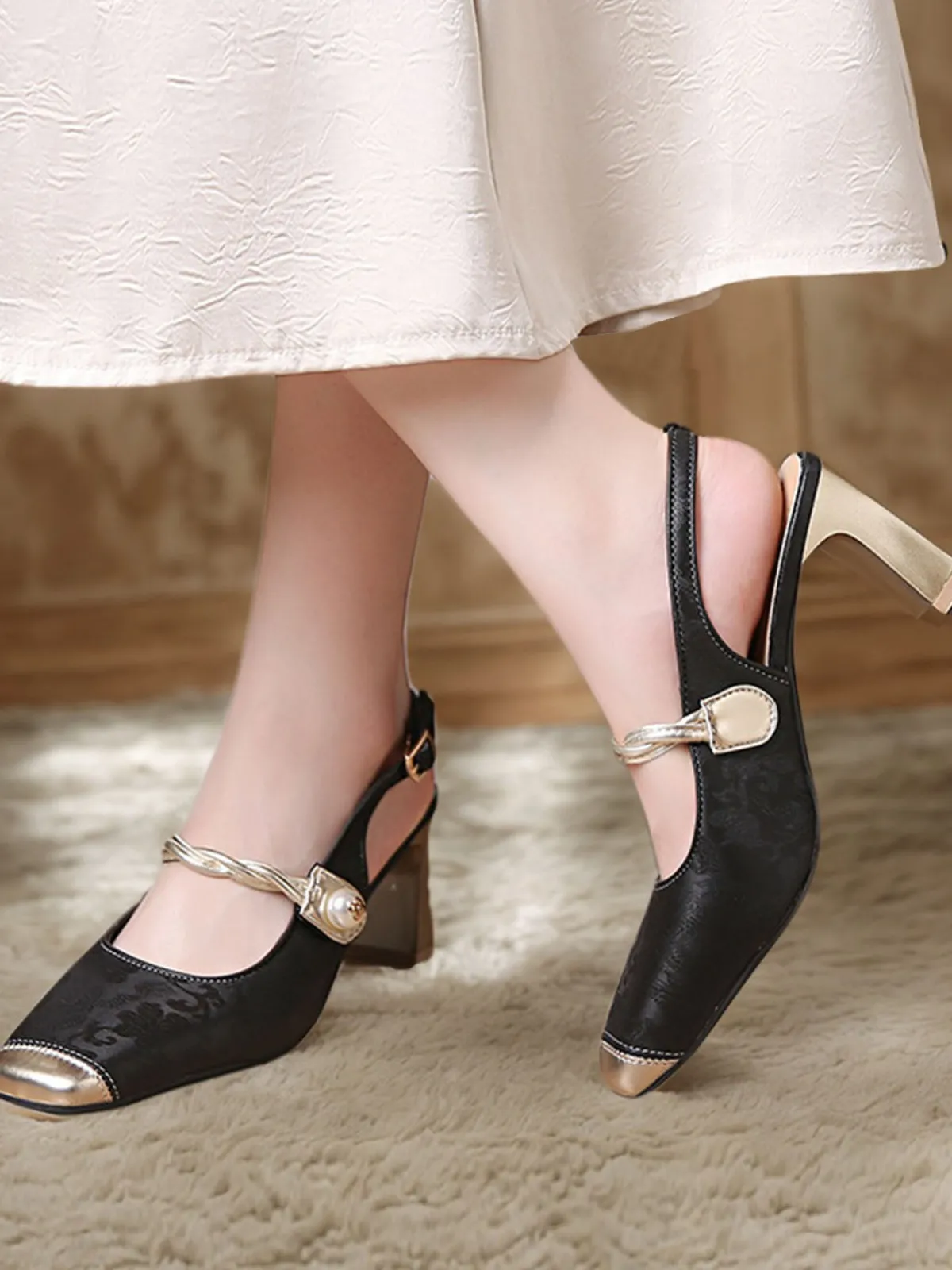 Fashion Retro Stage Pearl Slingback High Heel Shoes Black